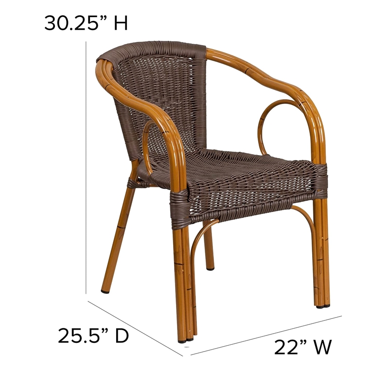 Bowery Hill Rattan Patio Dining Arm Chair in Dark Brown (Set of 3)