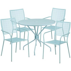 Bowery Hill 5 Piece 35&quot Round Steel Flower Print Patio Dining Set in Blue