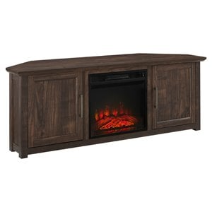 Bowery Hill 58&quotWood Corner TV Stand with Fireplace in Dark Walnut