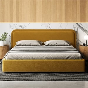 Bowery Hill Upholstered Platform King Bed in Mustard Boucle Fabric