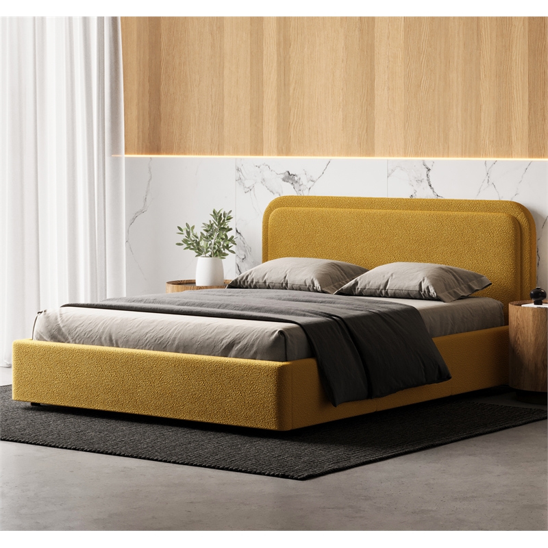 Bowery Hill Upholstered Platform Queen Bed in Mustard Boucle Fabric