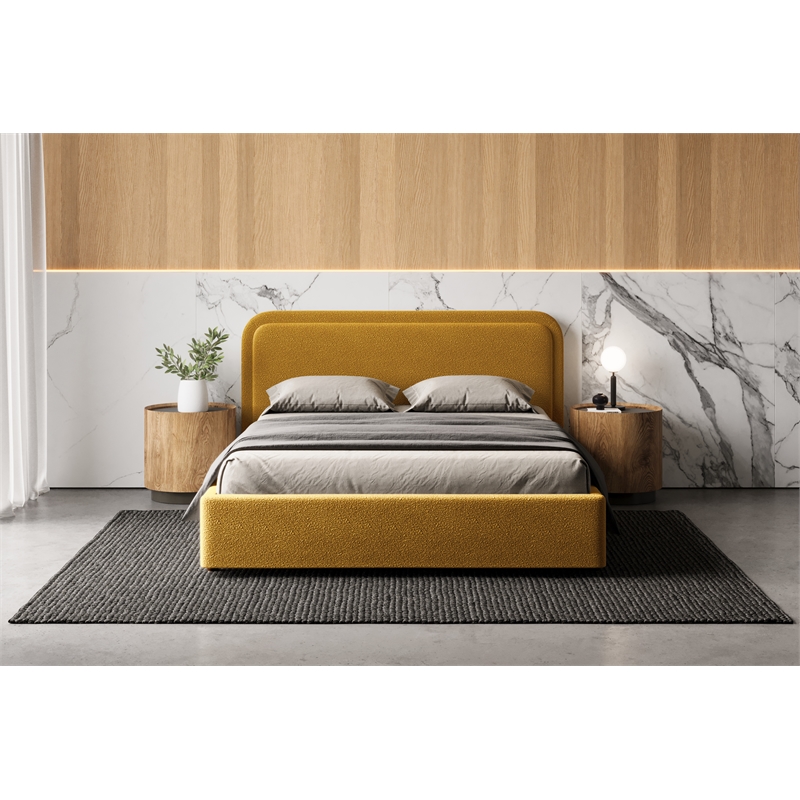 Bowery Hill Upholstered Platform Queen Bed in Mustard Boucle Fabric