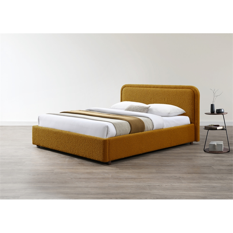 Bowery Hill Upholstered Platform Queen Bed in Mustard Boucle Fabric