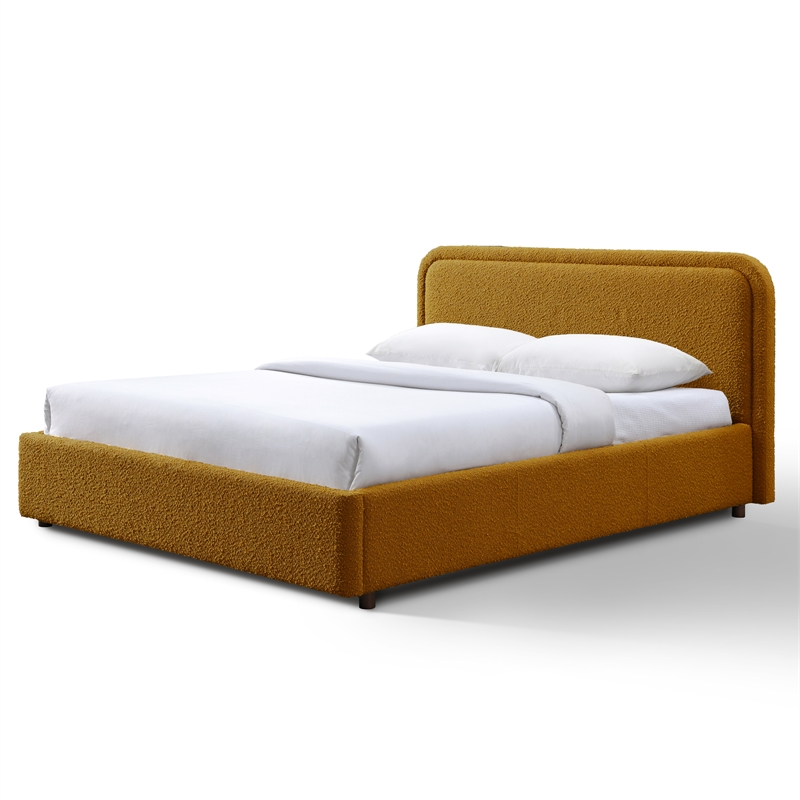 Bowery Hill Upholstered Platform Queen Bed in Mustard Boucle Fabric