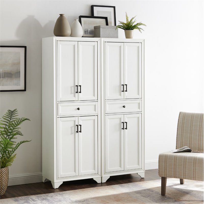 Bowery Hill Wood 4 Door Pantry Set in Distressed White (Set of 2)