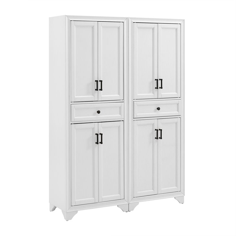 Bowery Hill Wood 4 Door Pantry Set in Distressed White (Set of 2)