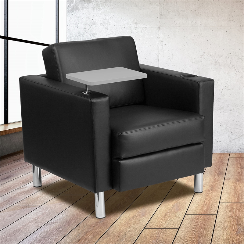 Bowery Hill Contemporary Leather Guest Chair with Cup Holder in Black