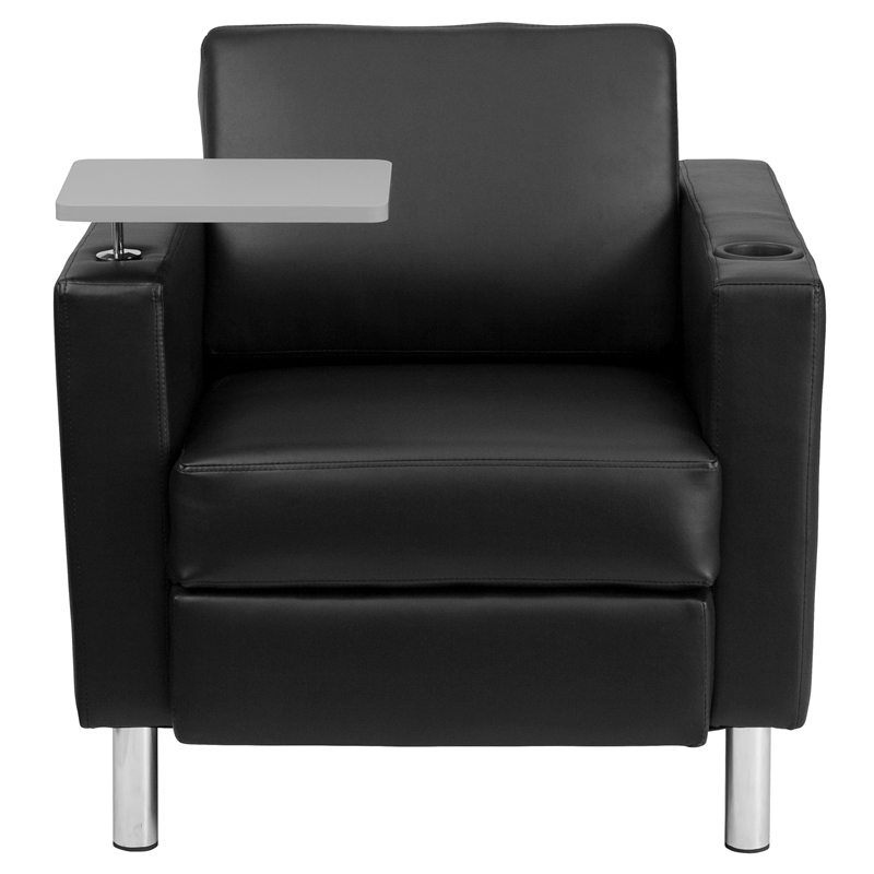 Bowery Hill Contemporary Leather Guest Chair with Cup Holder in Black