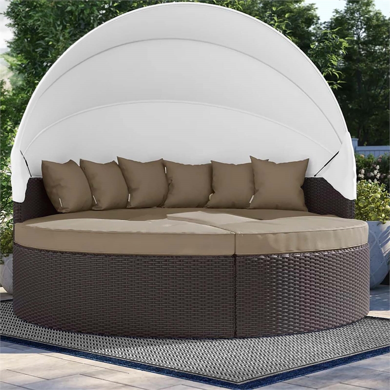Bowery Hill Aluminum and Rattan Canopy Patio Daybed in Espresso/Mocha Brown