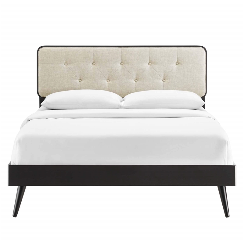 Bowery Hill Queen Wood Platform Bed with Splayed Legs in Black/Beige