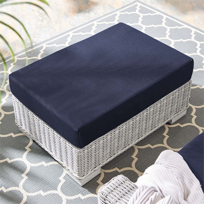 Bowery Hill Modern Rattan & Fabric Outdoor Ottoman in Light Gray/Navy