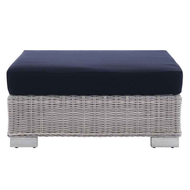 Bowery Hill Modern Rattan & Fabric Outdoor Ottoman in Light Gray/Navy