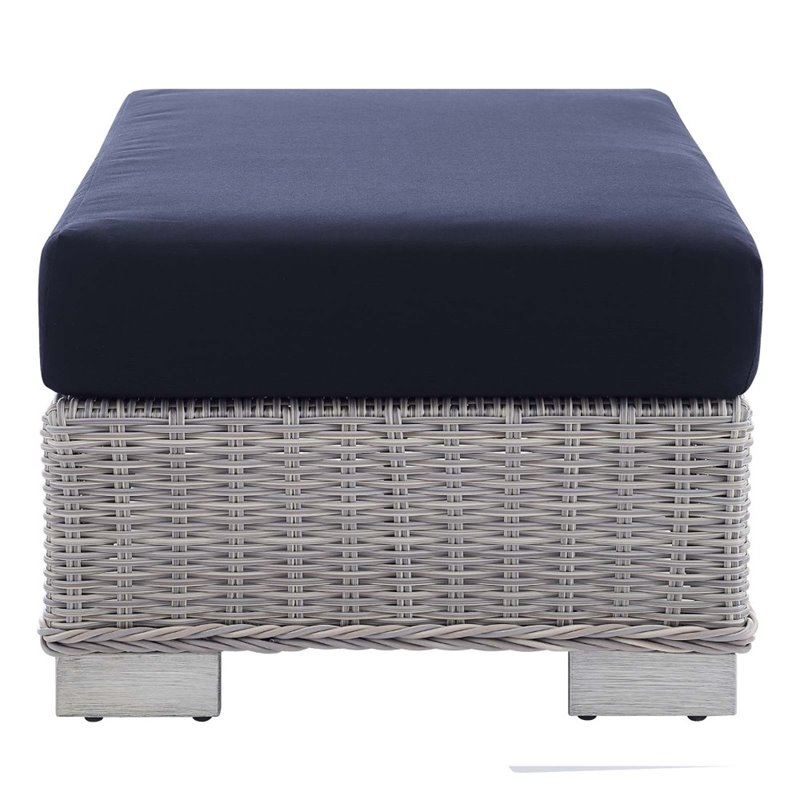 Bowery Hill Modern Rattan & Fabric Outdoor Ottoman in Light Gray/Navy