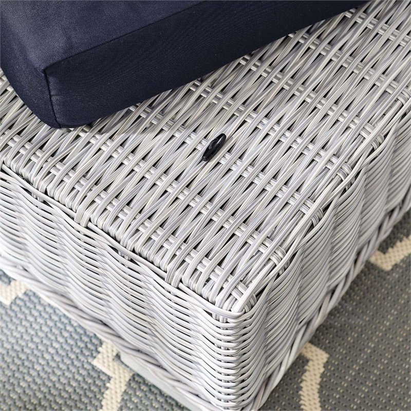 Bowery Hill Modern Rattan & Fabric Outdoor Ottoman in Light Gray/Navy