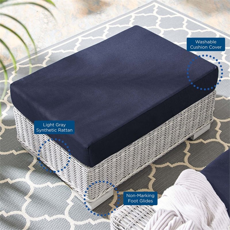 Bowery Hill Modern Rattan & Fabric Outdoor Ottoman in Light Gray/Navy