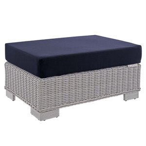 Bowery Hill Modern Rattan & Fabric Outdoor Ottoman in Light Gray/Navy
