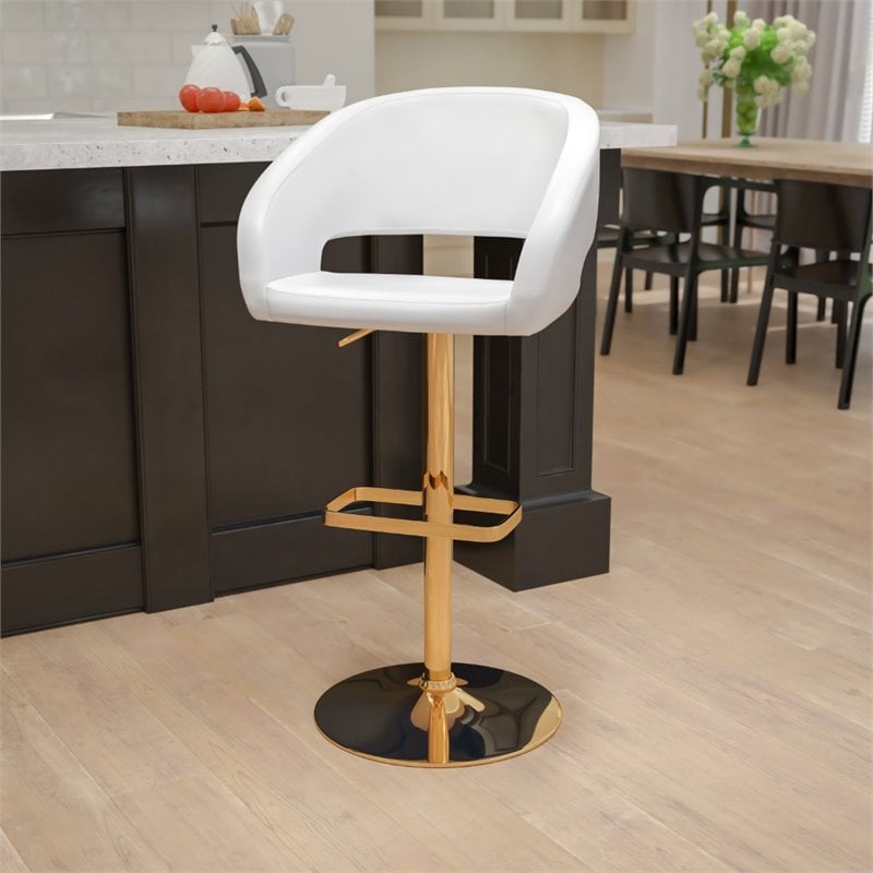 Bowery Hill Faux Leather Mid Back Adjustable Bar Stool in White and Gold