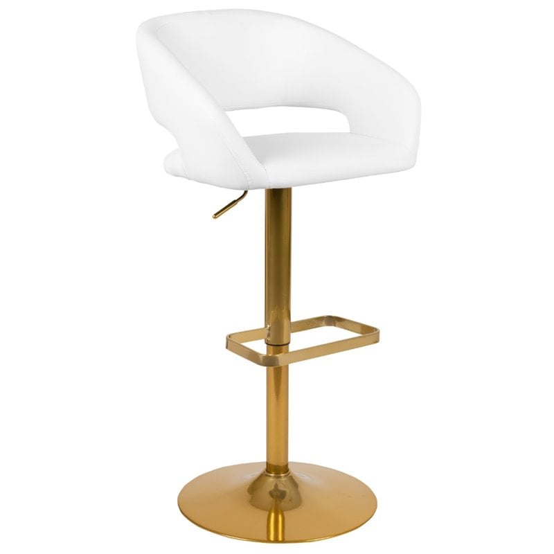 Bowery Hill Faux Leather Mid Back Adjustable Bar Stool in White and Gold