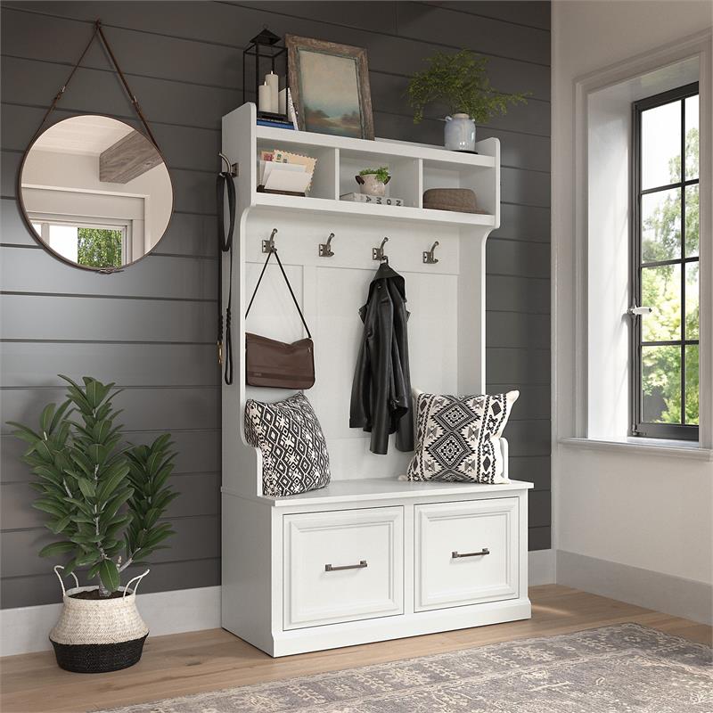 Bowery Hill 40W Engineered Wood Hall Tree and Shoe Bench with Doors in White Ash