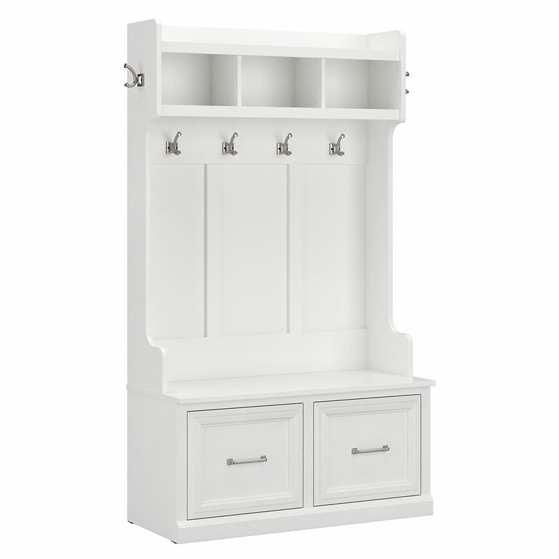 Bowery Hill 40W Engineered Wood Hall Tree and Shoe Bench with Doors in White Ash