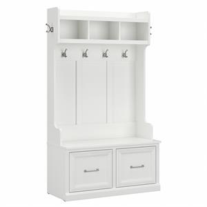 Bowery Hill 40W Engineered Wood Hall Tree and Shoe Bench with Doors in White Ash