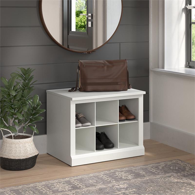 Bowery Hill 24W Small Shoe Bench with Shelves in White Ash - Engineered Wood
