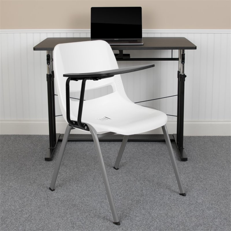 Bowery Hill Plastic Classroom Chair in White with Right Arm Tablet