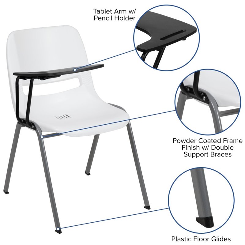 Bowery Hill Plastic Classroom Chair in White with Right Arm Tablet