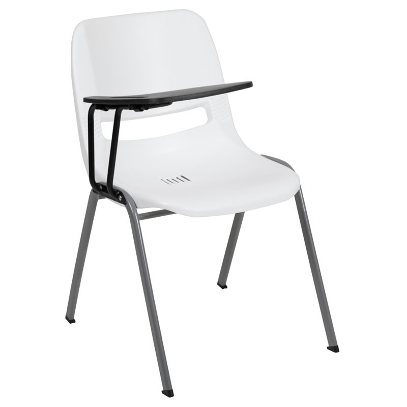 Bowery Hill Plastic Classroom Chair in White with Right Arm Tablet