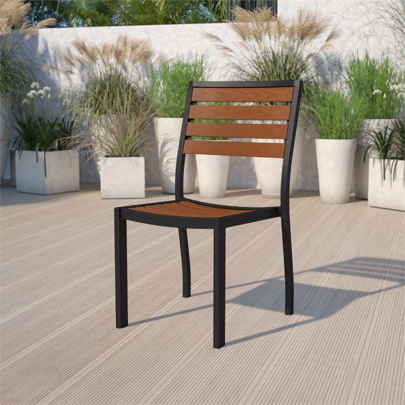 Bowery Hill Patio Dining Side Chair with Poly Slats in Faux Teak