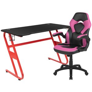 Bowery Hill Gaming Desk and Racing Swivel Chair Set in Red and Pink