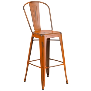 Bowery Hill 30&quot Metal Curved Slat Back Bar Stool in Distressed Orange