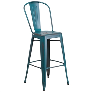 Bowery Hill 30&quot Metal Curved Slat Back Bar Stool in Distressed Kelly Blue