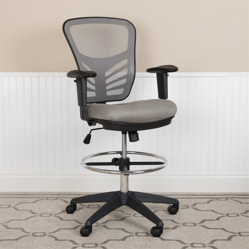 Bowery Hill Contemporary Mid Back Mesh Drafting Stool in Gray and Black