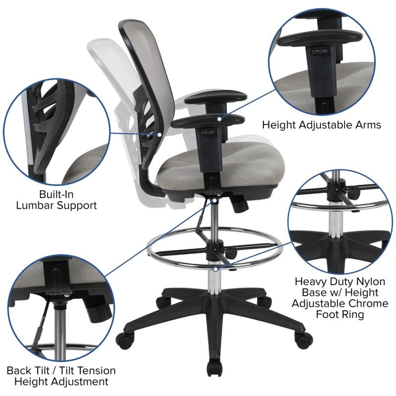 Bowery Hill Contemporary Mid Back Mesh Drafting Stool in Gray and Black