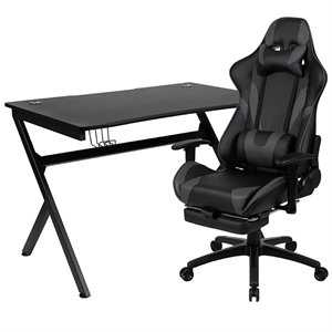 Bowery Hill Gaming Desk and Racing Reclining Chair Set in Black and Gray