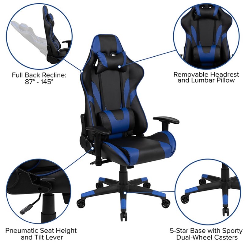 Bowery Hill Leather Racing Reclining Gaming Chair in Black and Blue