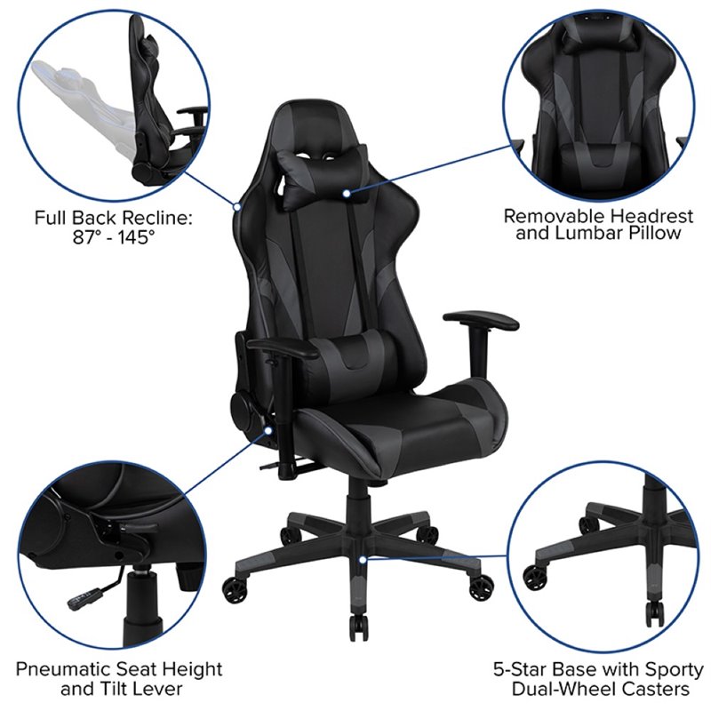Bowery Hill Leather Racing Reclining Gaming Chair in Black and Gray
