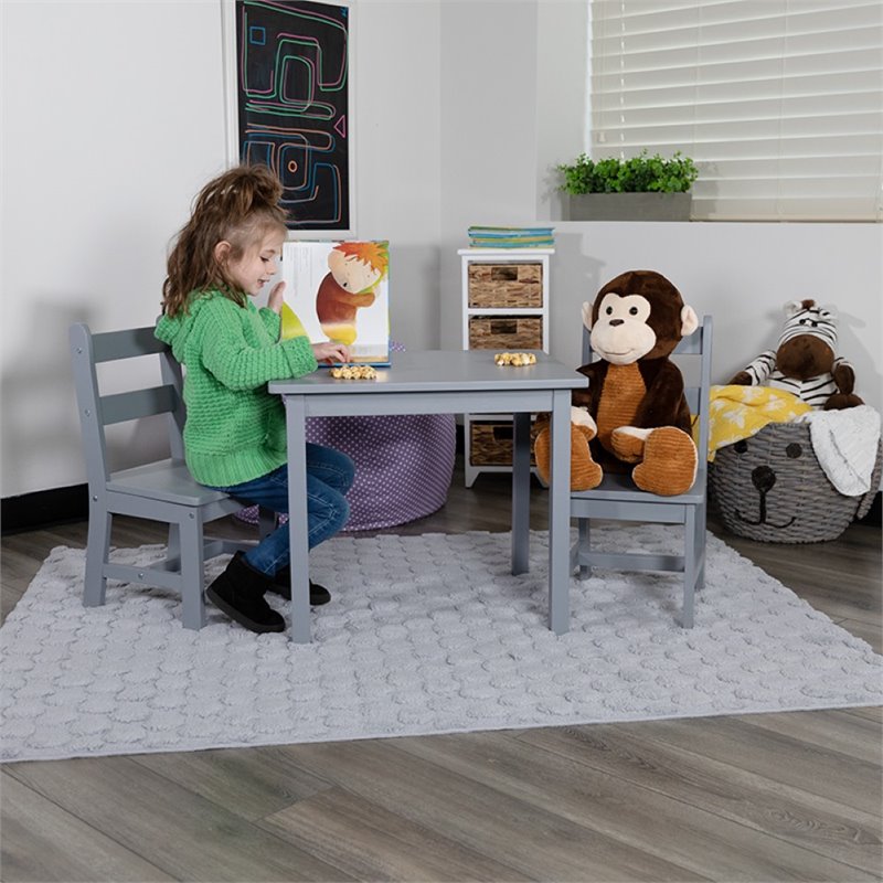Bowery Hill 3 Piece Solid Hardwood Kids Table and Chair Set in Gray