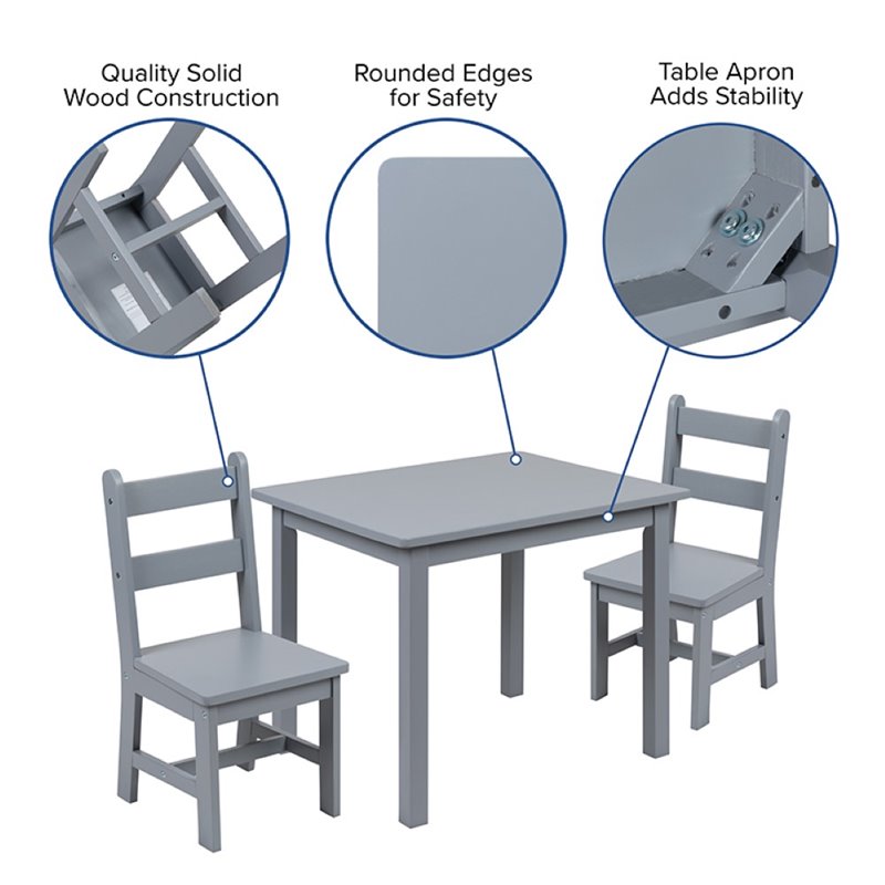 Bowery Hill 3 Piece Solid Hardwood Kids Table and Chair Set in Gray