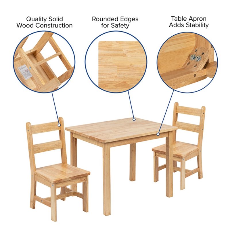 Bowery Hill 3 Piece Solid Hardwood Kids Table and Chair Set in Natural