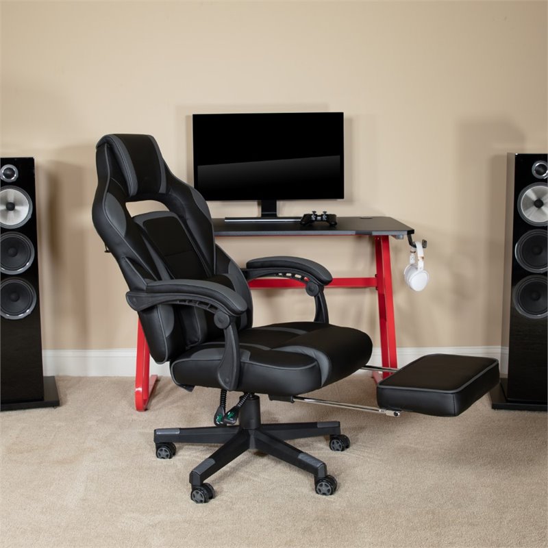 Bowery Hill Leather Ergonomic Swivel Gaming Chair in Black and Gray