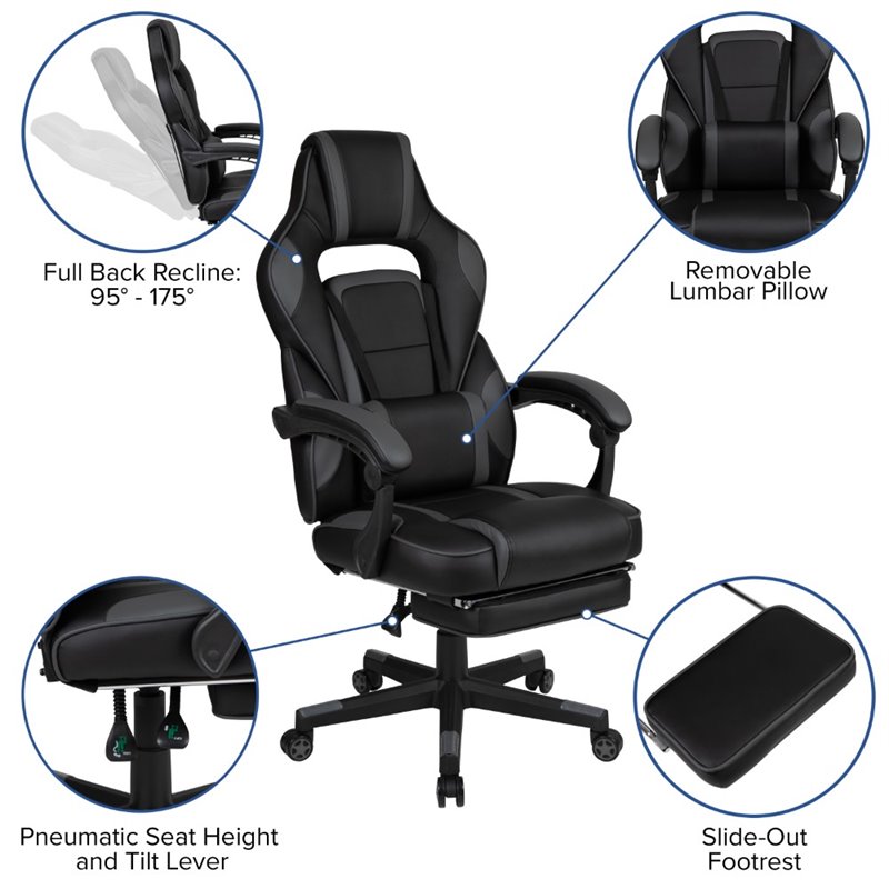 Bowery Hill Leather Ergonomic Swivel Gaming Chair in Black and Gray