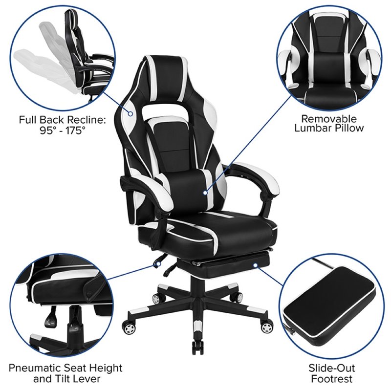 Bowery Hill Leather Racing Reclining Gaming Chair in Black and White