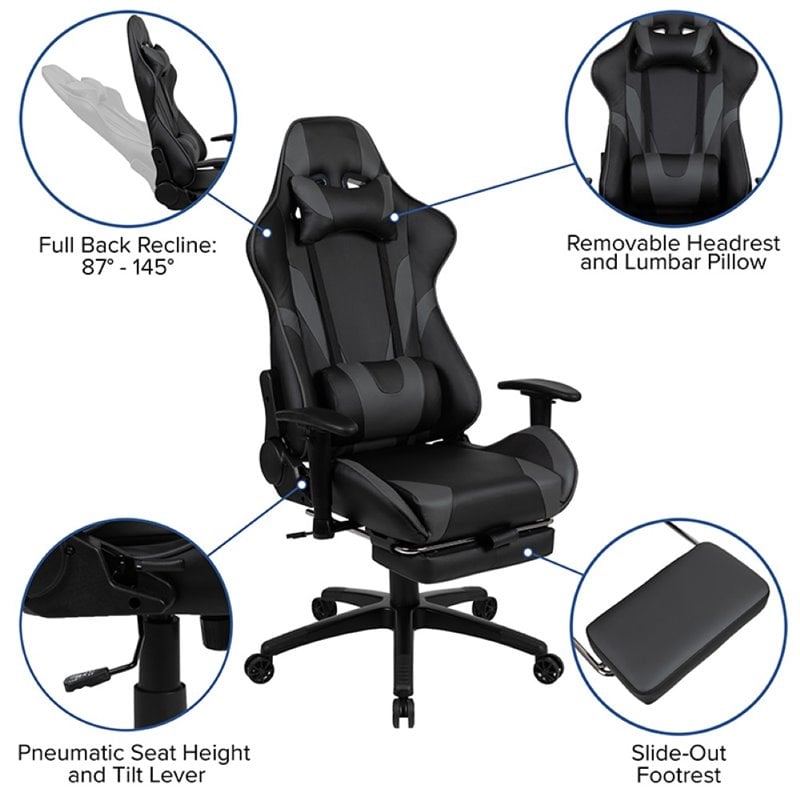 Bowery Hill Leather Racing Reclining Gaming Chair in Black and Gray
