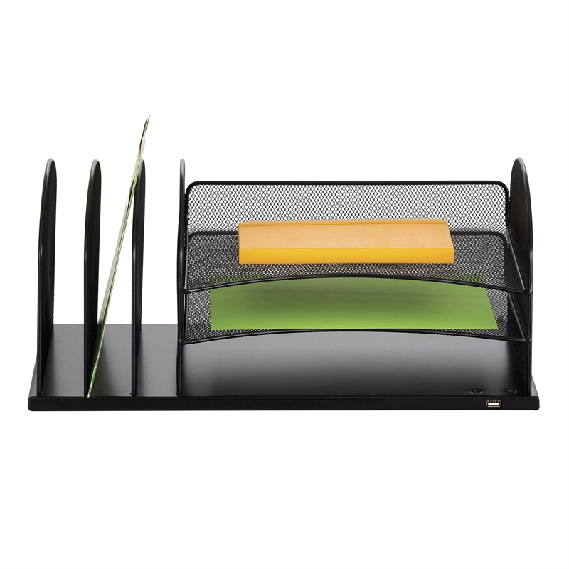 Bowery Hill Contemporary Desk Organizer with USB Charging Port in Black