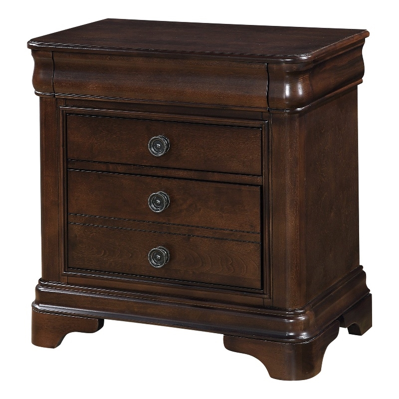 Bowery Hill 3-Drawer Nightstand in Cherry Finish with Brass Knobs