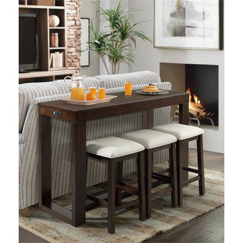 Bowery Hill Multipurpose Bar Table Set in Dark Walnut with USB Ports