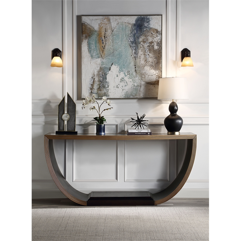 Bowery Hill Wood Half-Moon Console Table with Lower Shelf in Black & Gold