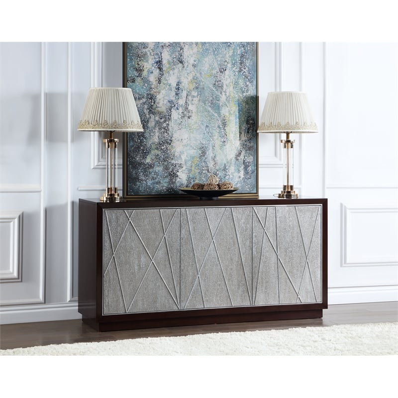 Bowery Hill Wood 3-Door Console Cabinet in Metallic Silver & Walnut